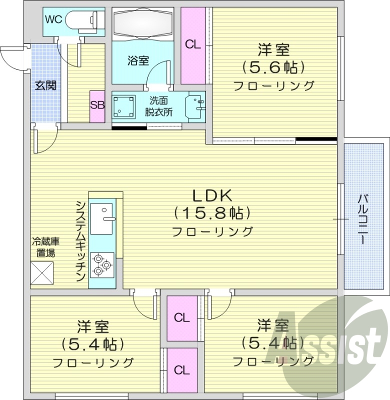 3LDK、エアコン、追い焚き、システムキッチン。オートロック