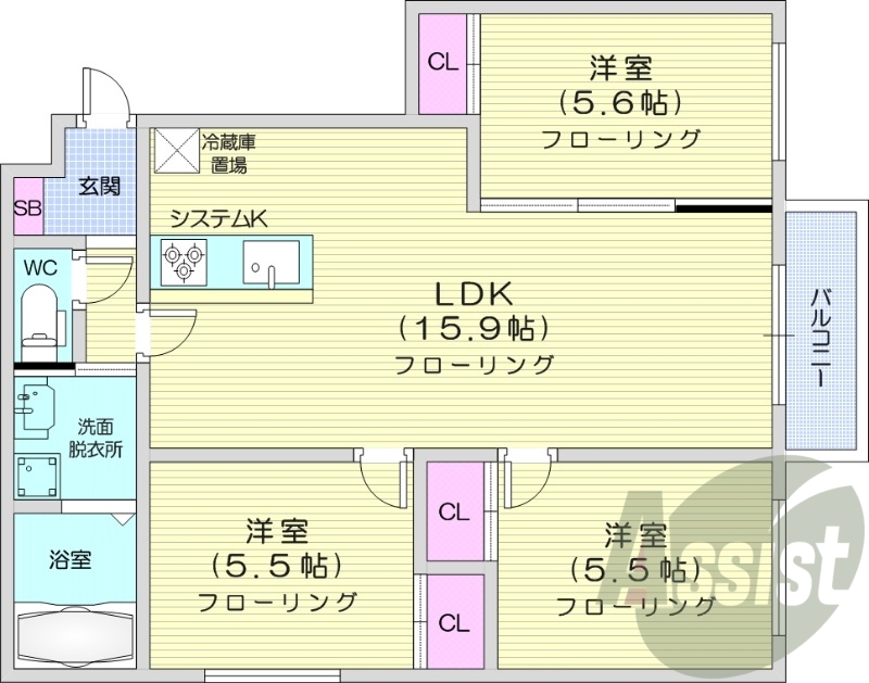 3LDK、エアコン、追い焚き、システムキッチン。オートロック