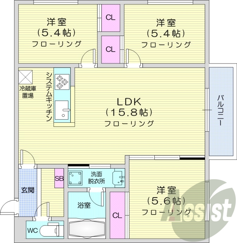 3LDK、エアコン、追い焚き、システムキッチン。オートロック