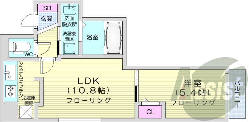1LDK、都市ガス、エアコン、浴室乾燥機、システムキッチン