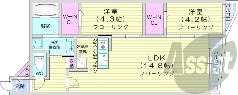 2LDK、都市ガス、エアコン、追い焚き、浴室乾燥機
