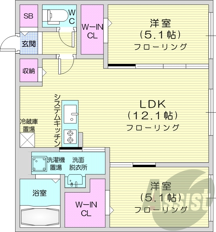 2LDK、都市ガス、エアコン、追い焚き、浴室乾燥機