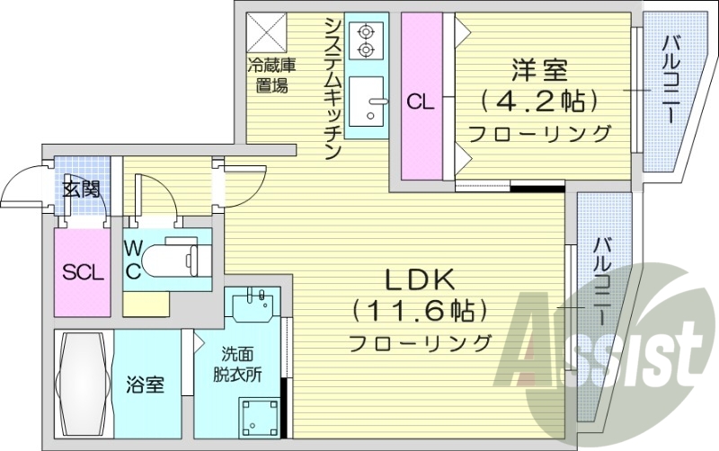 1LDK、都市ガス、エアコン、浴室乾燥機、ウォークインCL