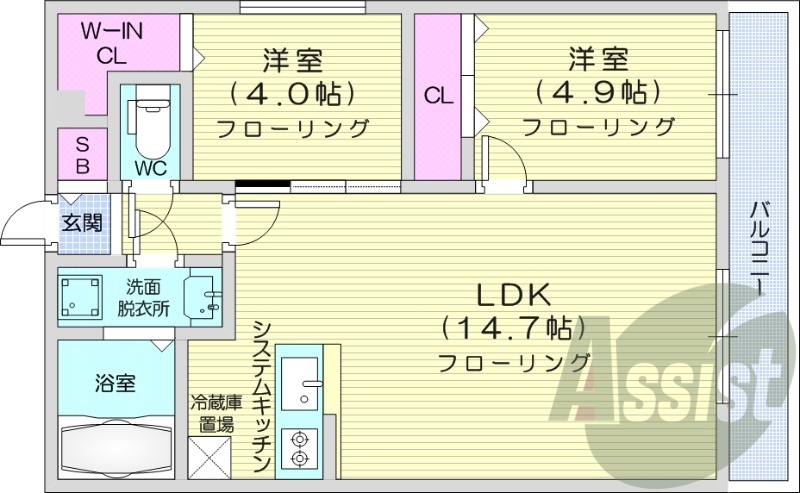 2LDK、エアコン、追い焚き、浴室乾燥機、システムキッチン