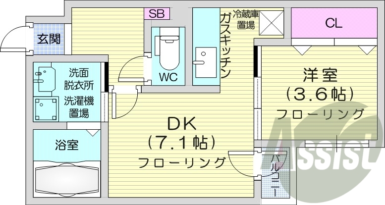 1DK、ネット無料、エアコン、シャンプードレッサー