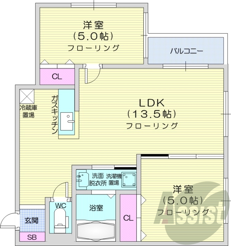 2LDK、エアコン、独立洗面台、シャワートイレ、灯油暖房