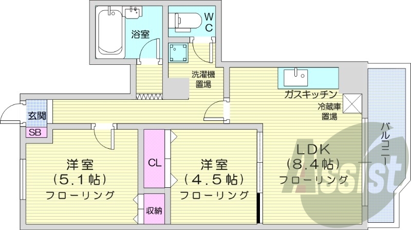 2LDK、都市ガス、光ファイバー、シャワートイレ