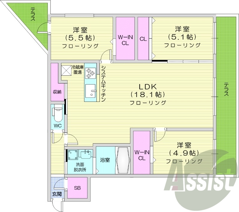 3LDK、都市ガス、エアコン、追い焚き