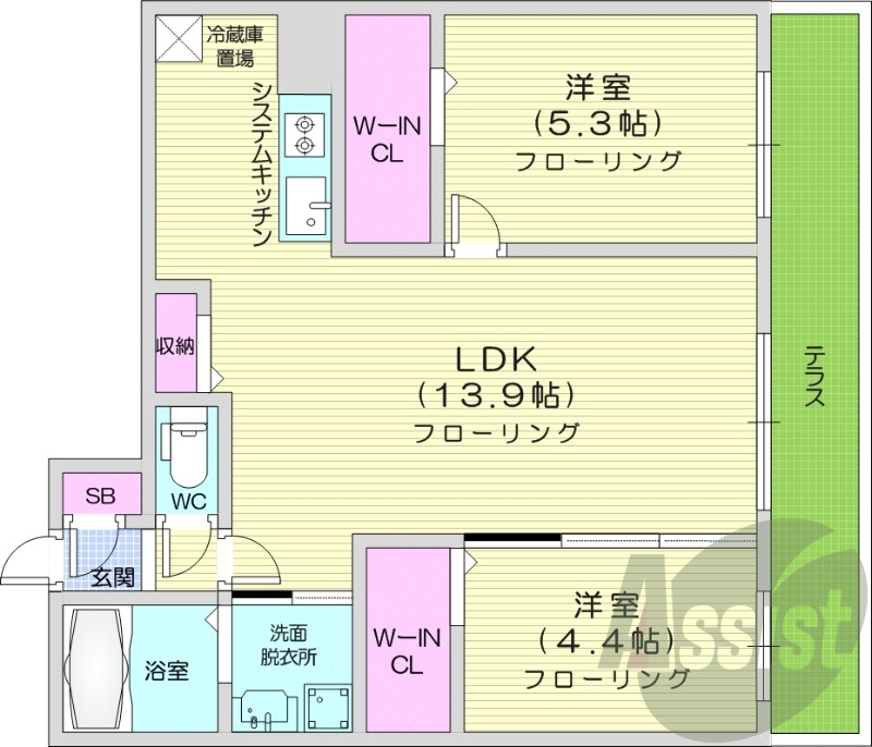 2LDK、都市ガス、エアコン、追い焚き