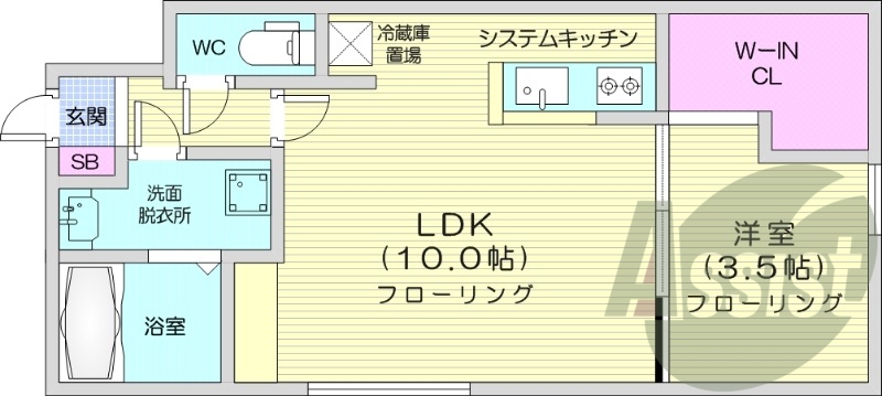 1LDK、都市ガス、エアコン、システムキッチン