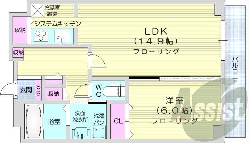 1LDK、分譲、IHシステムキッチン、宅配ボックス