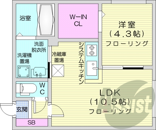 1LDK、都市ガス、エアコン、システムキッチン