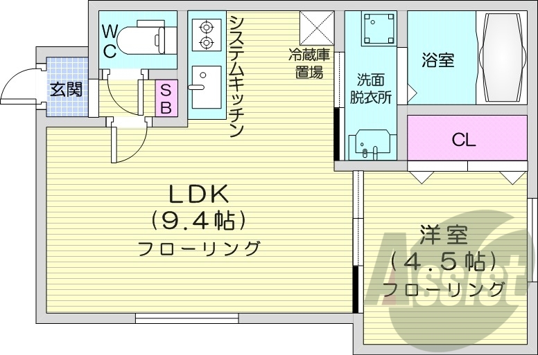 1LDK、都市ガス、システムキッチン、エアコン、宅配ボックス