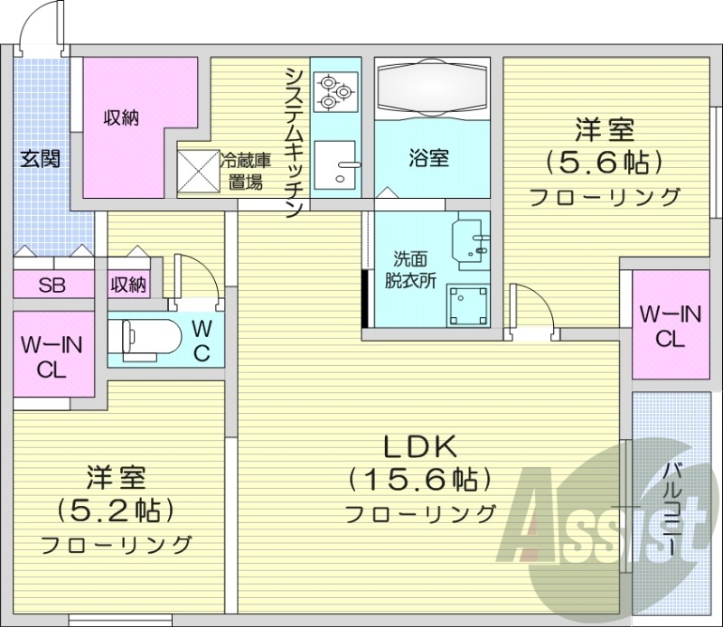 2LDK、都市ガス、浴室乾燥機、システムキッチン