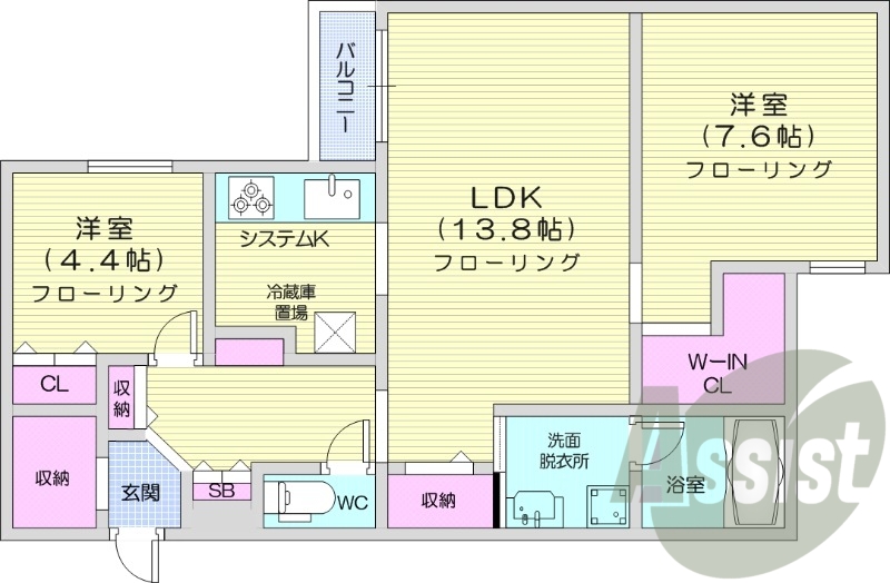 2LDK、都市ガス、浴室乾燥機、システムキッチン