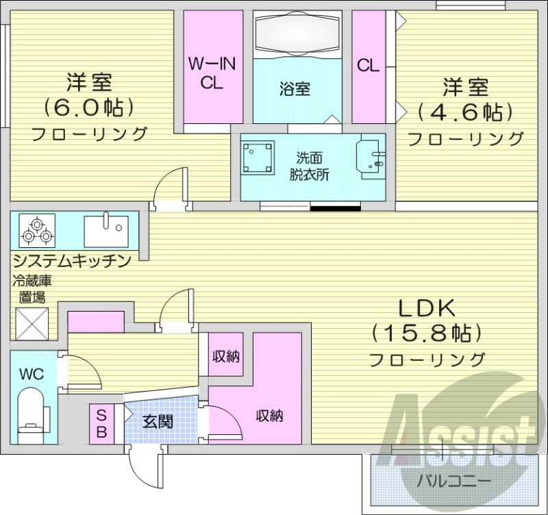 2LDK、都市ガス、浴室乾燥機、システムキッチン