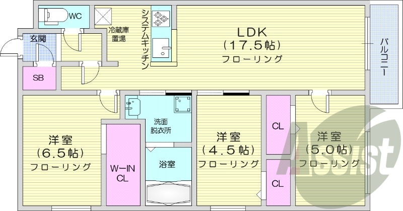 3LDK、エアコン、浴室乾燥機、追い焚き、システムキッチン