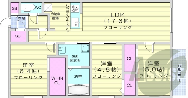 3LDK、エアコン、浴室乾燥機、追い焚き、システムキッチン