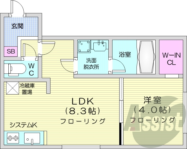 1LDK、エアコン、浴室乾燥機、システムキッチン