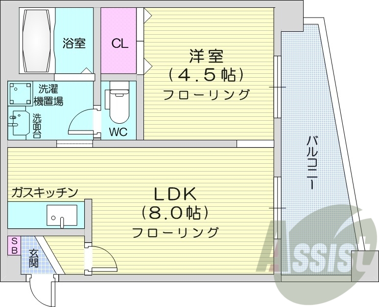 1LDK、オートロック、バストイレ別、灯油FF暖房、