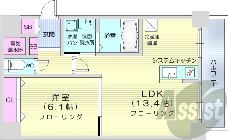 1LDK、システムキッチン、オール電化、浴室乾燥機