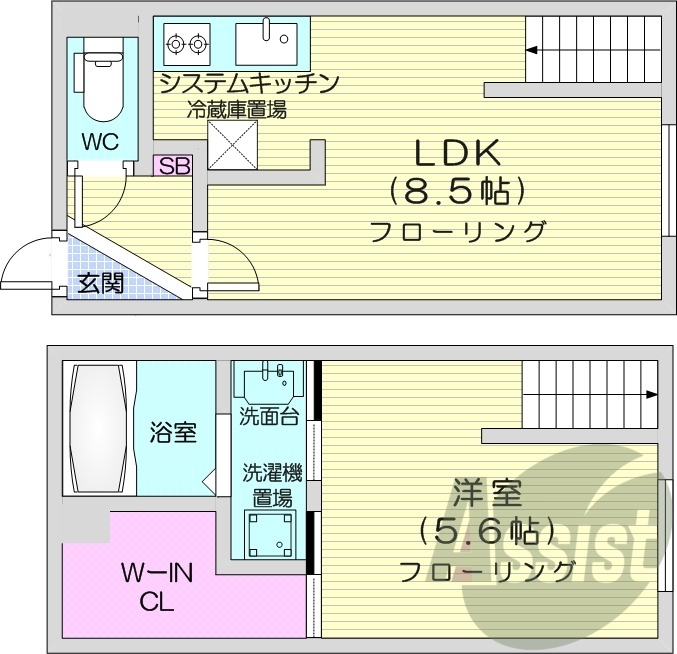 1LDK、都市ガス、システムキッチン、エアコン
