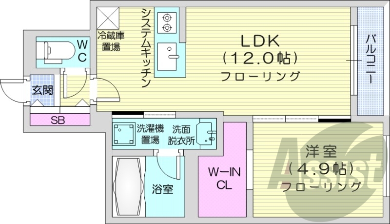 1LDK、エアコン、システムキッチン、浴室乾燥機