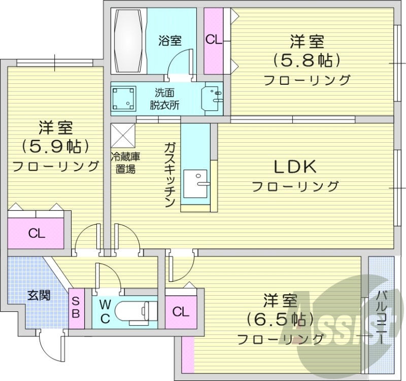3LDK、エアコン、追い焚き、システムキッチン