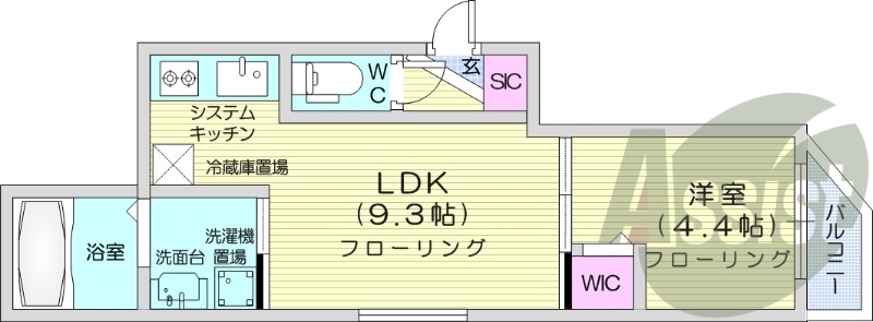 1LDK、都市ガス、エアコン、システムキッチン、屋内駐輪場