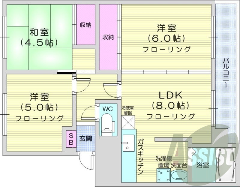 3DK、灯油暖房、エアコン、バルコニー、トランクルーム