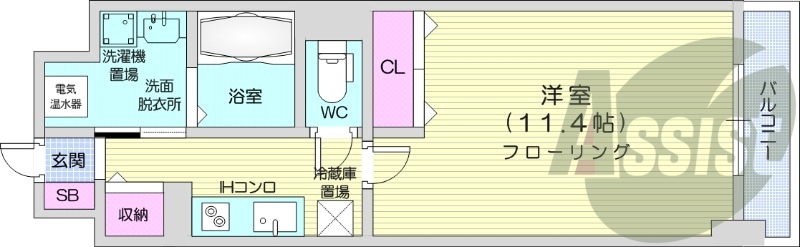 1K、クローゼット、収納、バルコニー、IHシステムキッチン