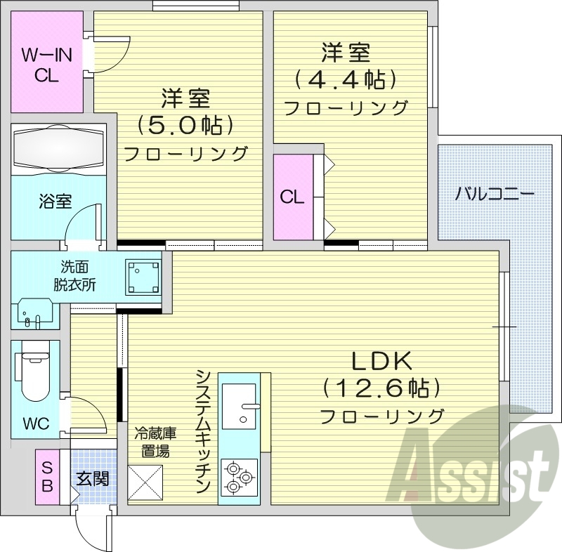 2LDK、都市ガス、エアコン、浴室乾燥機、ネット無料