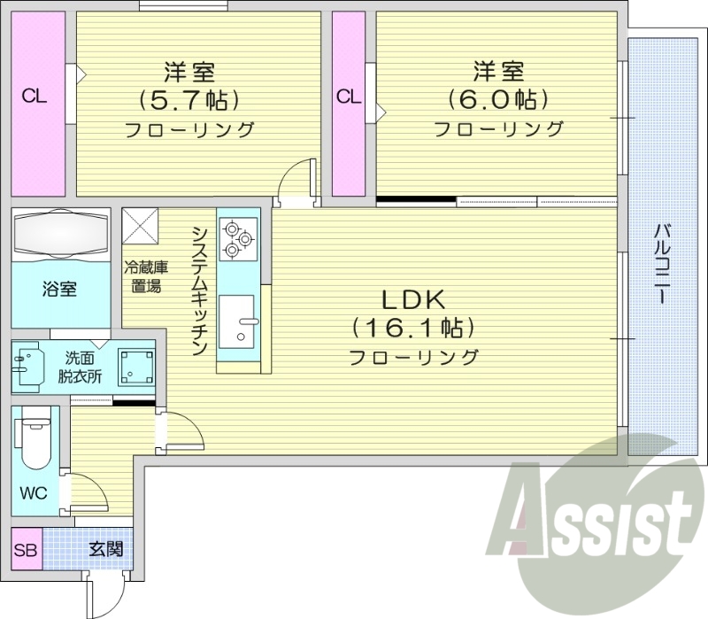 2LDK、システムキッチン、エアコン、追い焚き、ベランダ