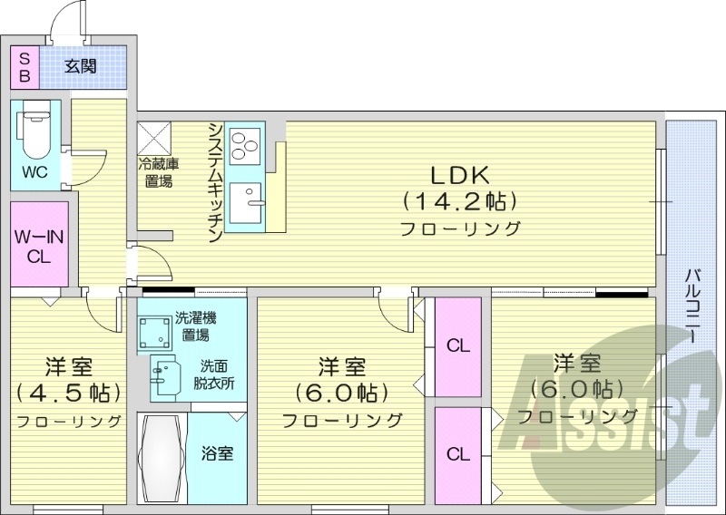 3LDK、都市ガス、エアコン、追い焚き、システムキッチン