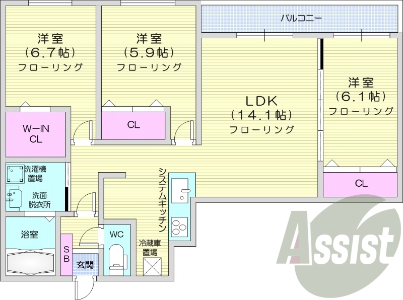3LDK、都市ガス、エアコン、追い焚き、システムキッチン