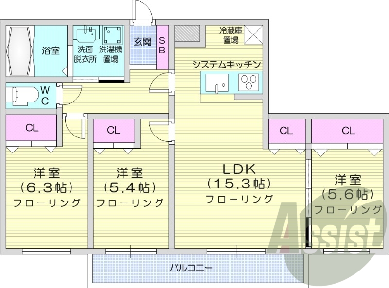 3LDK、都市ガス、エアコン、追い焚き、システムキッチン