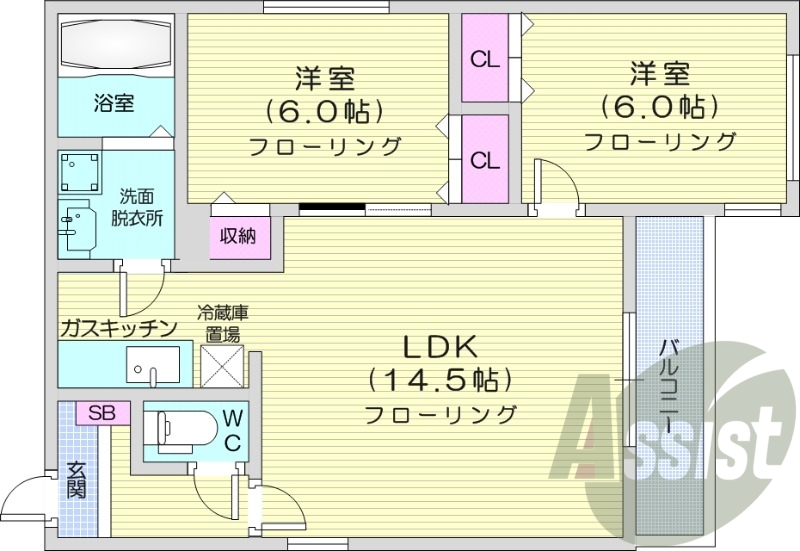 2LDK、エアコン、灯油暖房、シャワートイレ、宅配ボックス