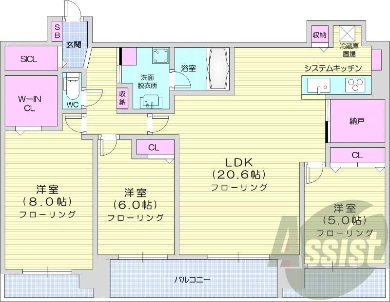 3LDK、エアコン、ガス暖房、ネット無料