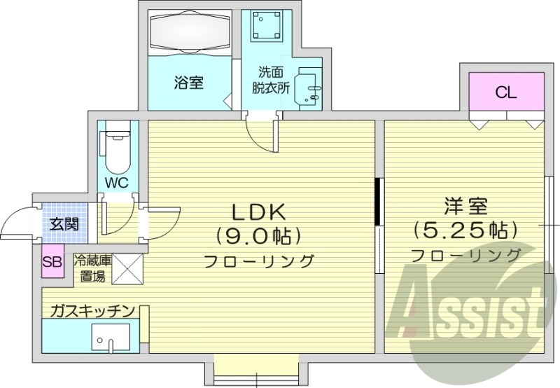 1LDK、モニター付きインターホン、独立洗面台、クローゼット