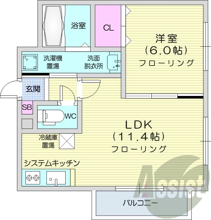 1LDK、エアコン、都市ガス、システムキッチン