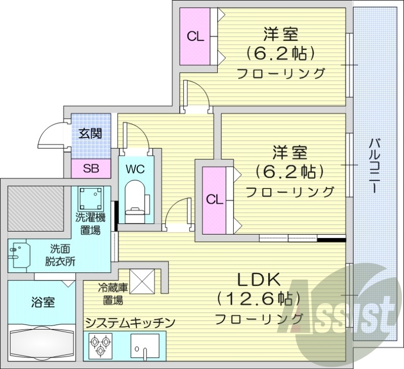 2LDK、エアコン、システムキッチン、オートロック