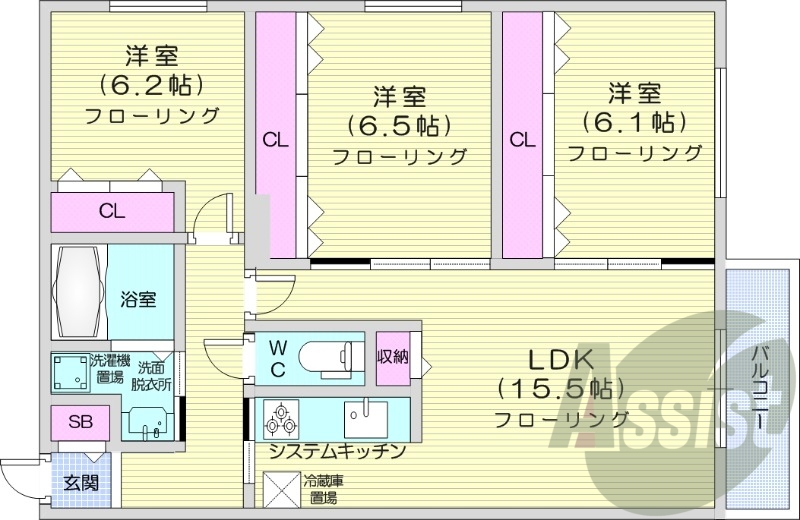 3LDK、エアコン、システムキッチン、オートロック