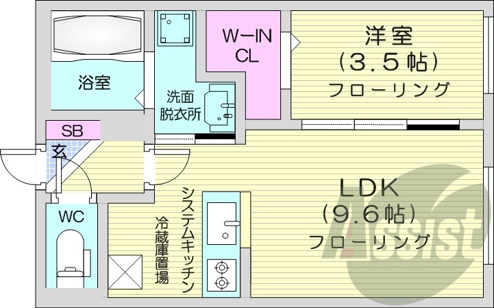 1LDK、エアコン、ガスリミット、システムキッチン