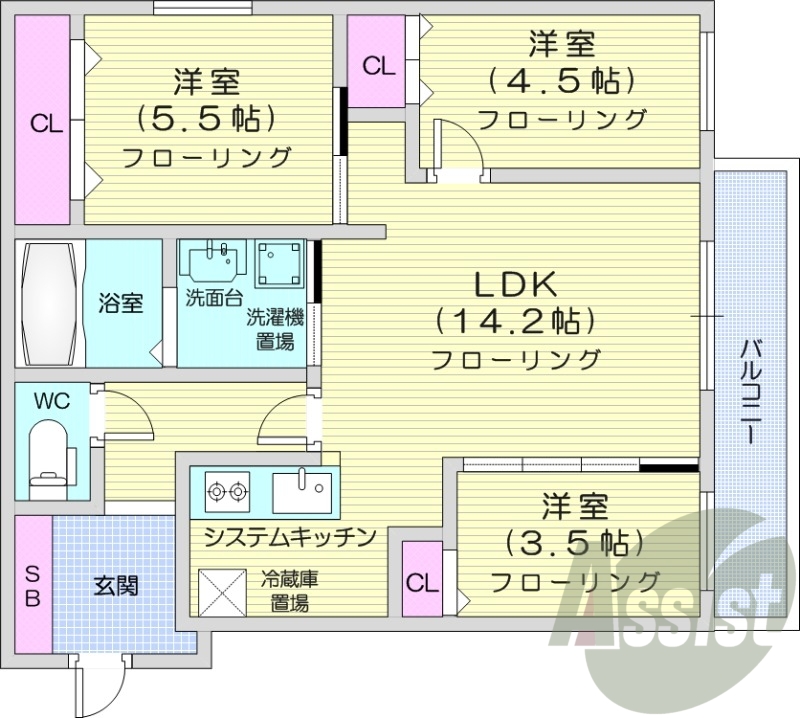3LDK、エアコン、ガスリミット、追い焚き、浴室乾燥機