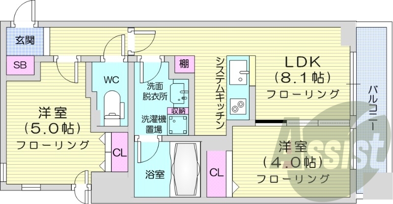 2LDK、都市ガス、床暖房、追い焚き、エアコン、オートロック