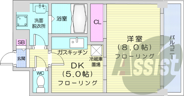 1DK、都市ガス、灯油暖房、洗髪洗面化粧台