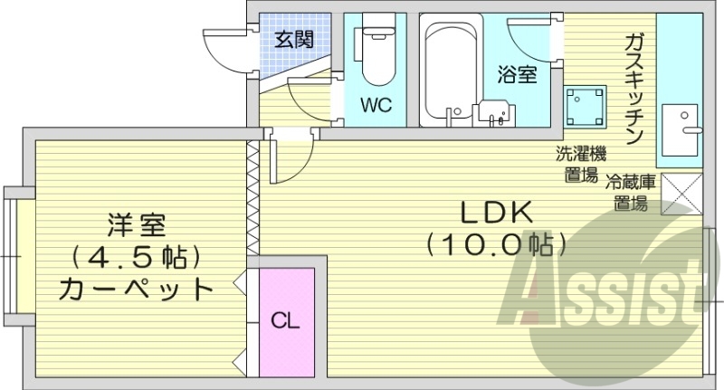 1LDK、シャワートイレ、バストイレ別、ガスキッチン