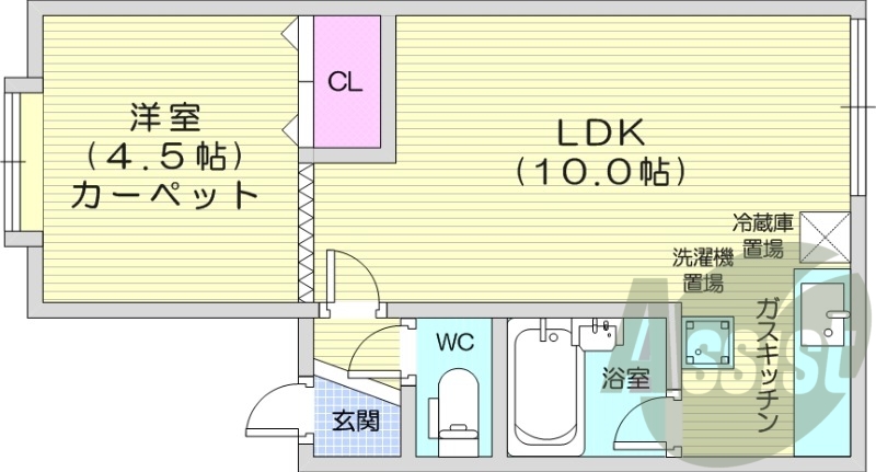 1LDK、シャワートイレ、バストイレ別、ガスキッチン
