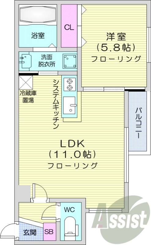 1LDK、都市ガス、シャワートイレ、システムキッチン