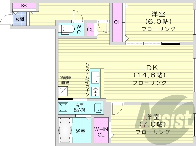 2LDK、都市ガス、エアコン、追い焚き、システムキッチン